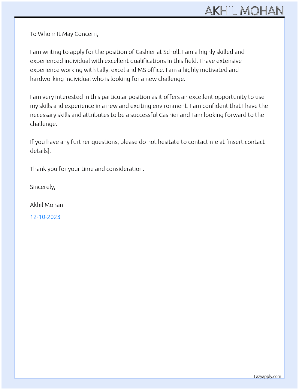 Cashier  At Scholl  Cover Letter