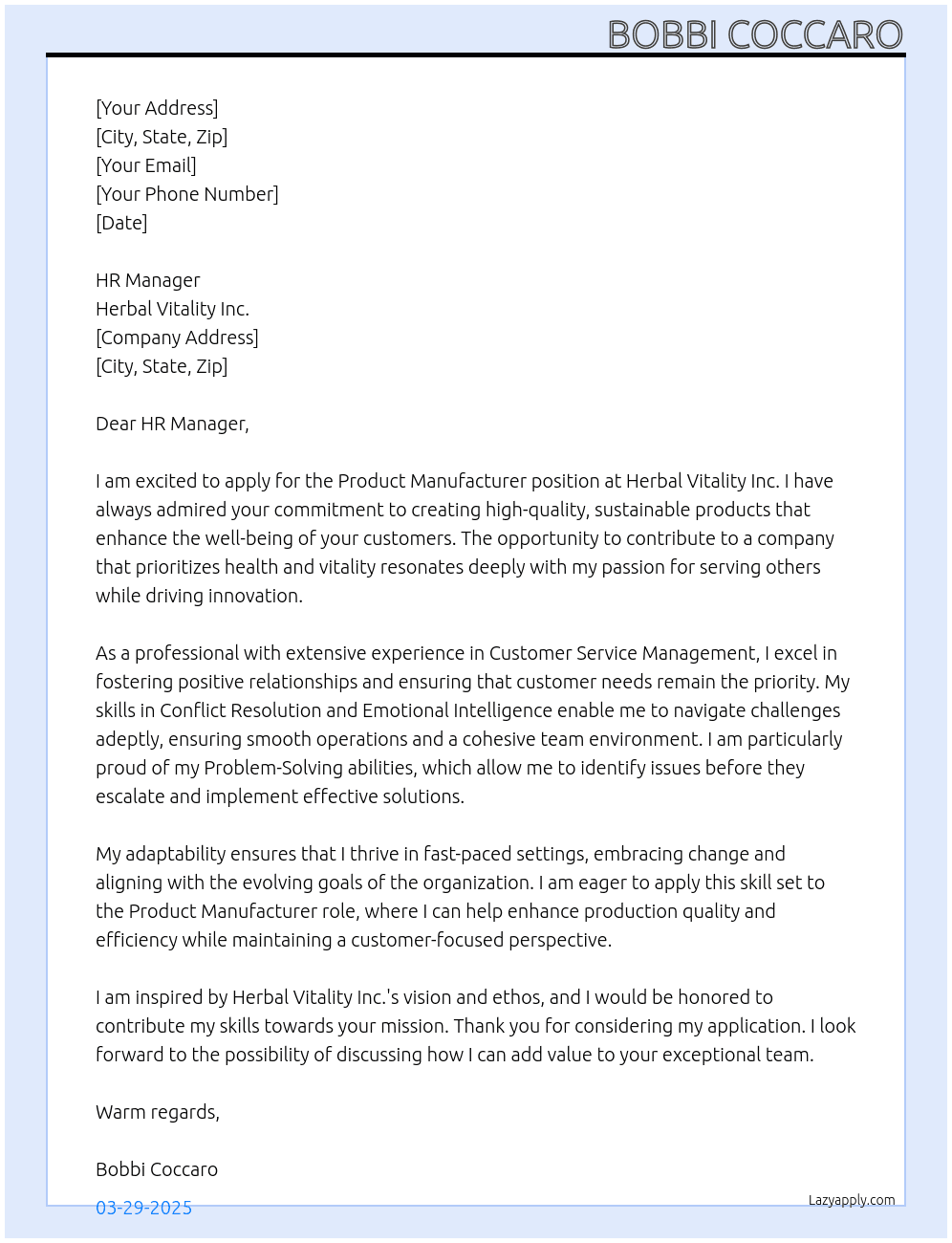 Product Manufacturer At Herbal Vitality Inc. Cover Letter