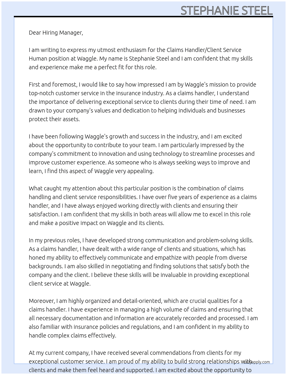 Claims Handler/Client Service Human At Waggle Cover Letter
