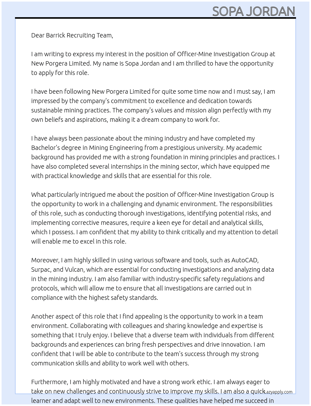 officer-Mine Investigation Group At New Porgera Limited Cover Letter