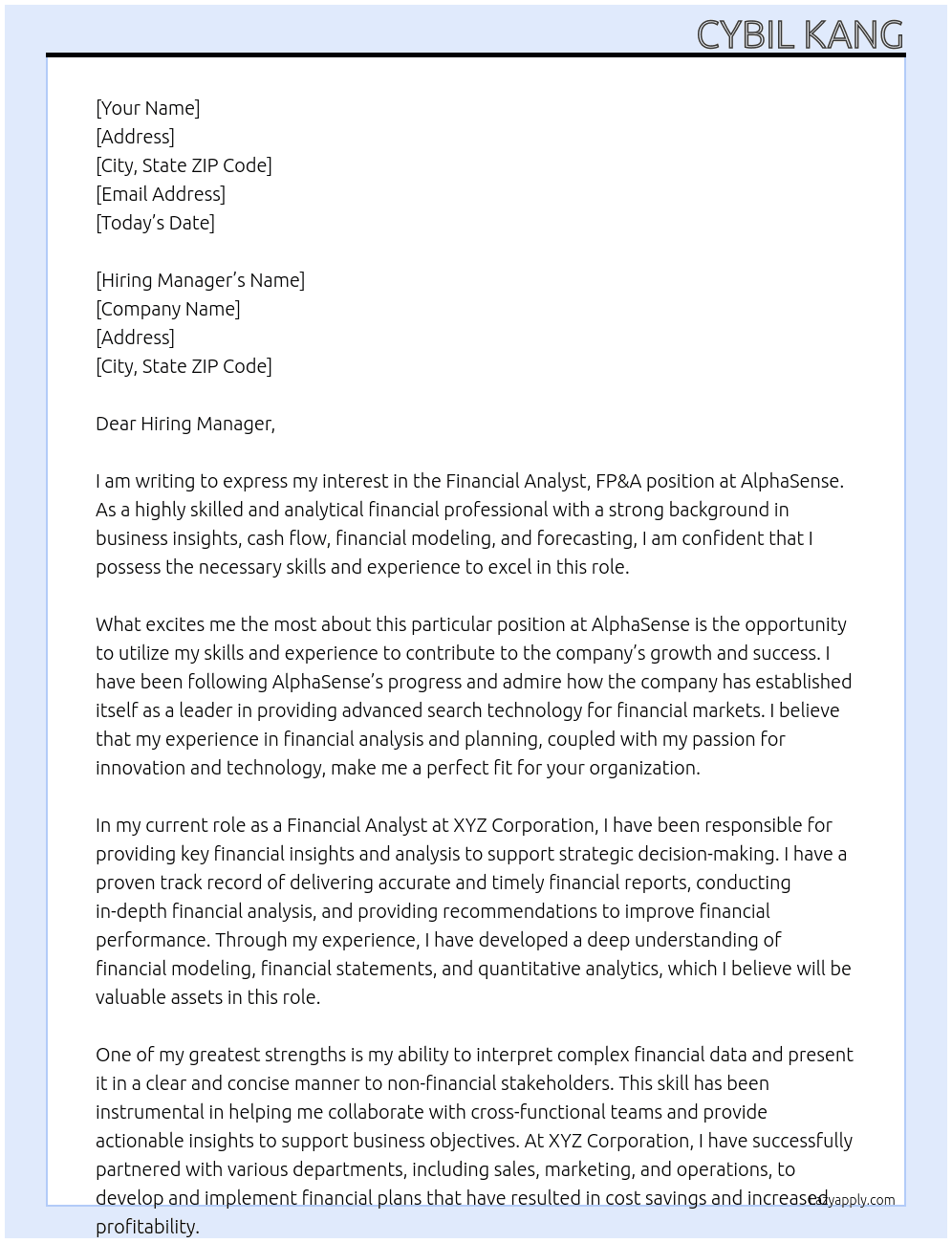 Financial Analyst, FP&A At AlphaSense Cover Letter