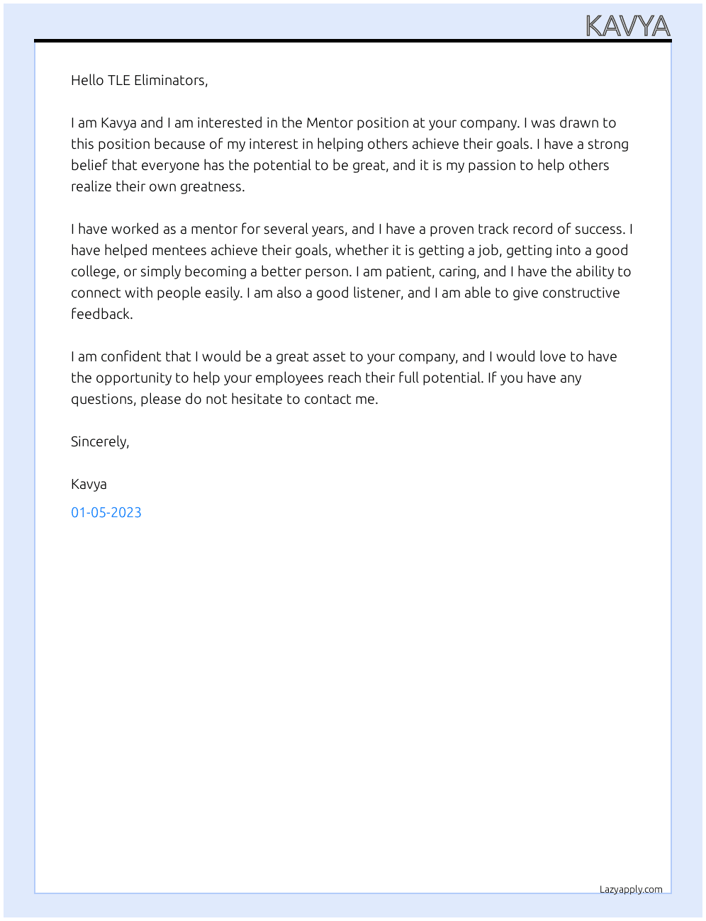 Mentor At TLE Eliminators Cover Letter