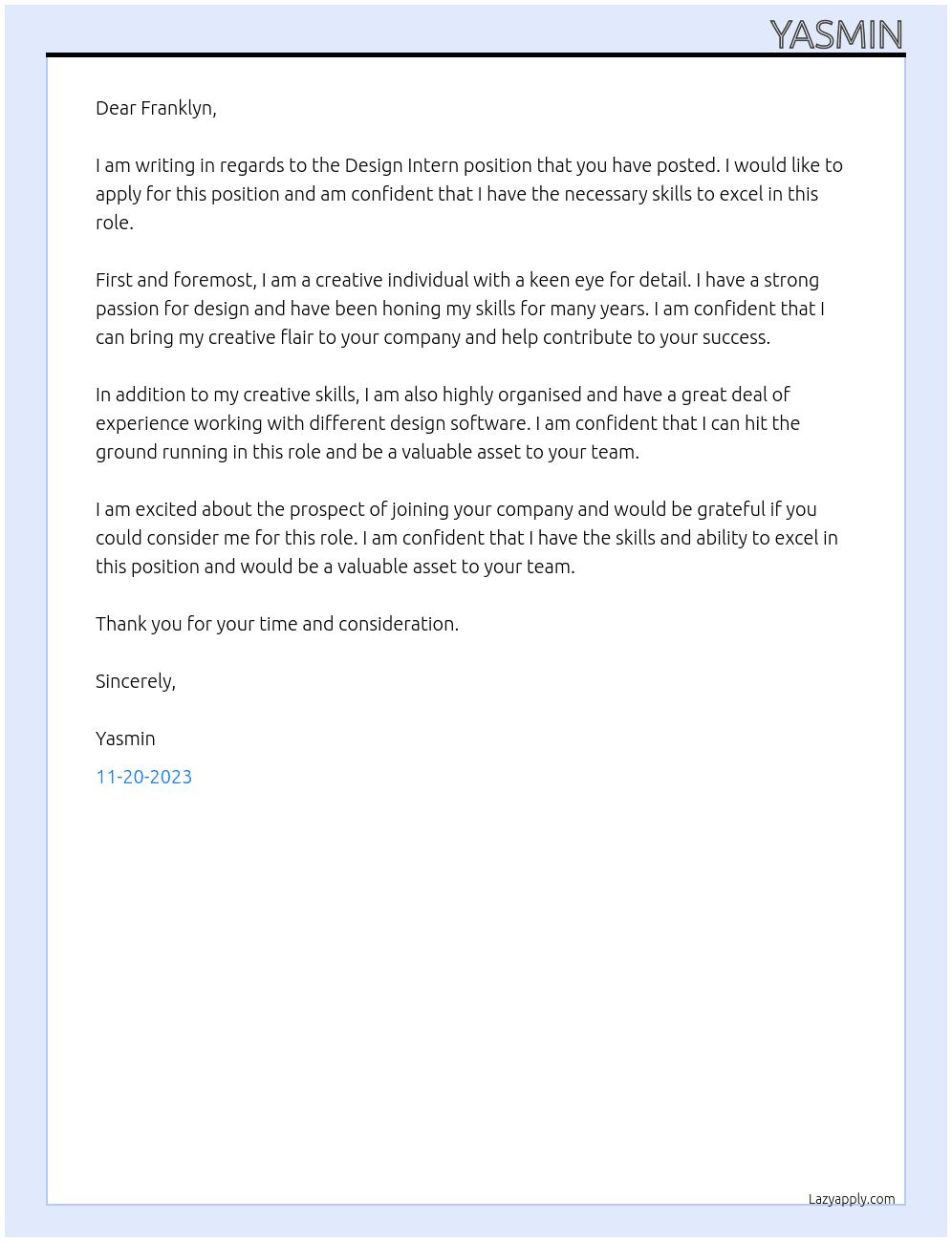 Design Intern At Franklyn Cover Letter