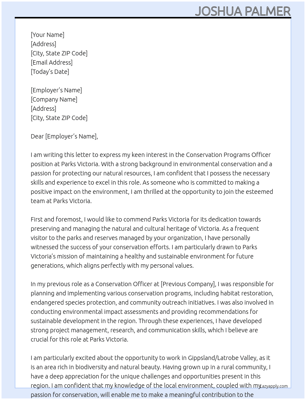 Conservation Programs Officer At Parks Victoria Cover Letter