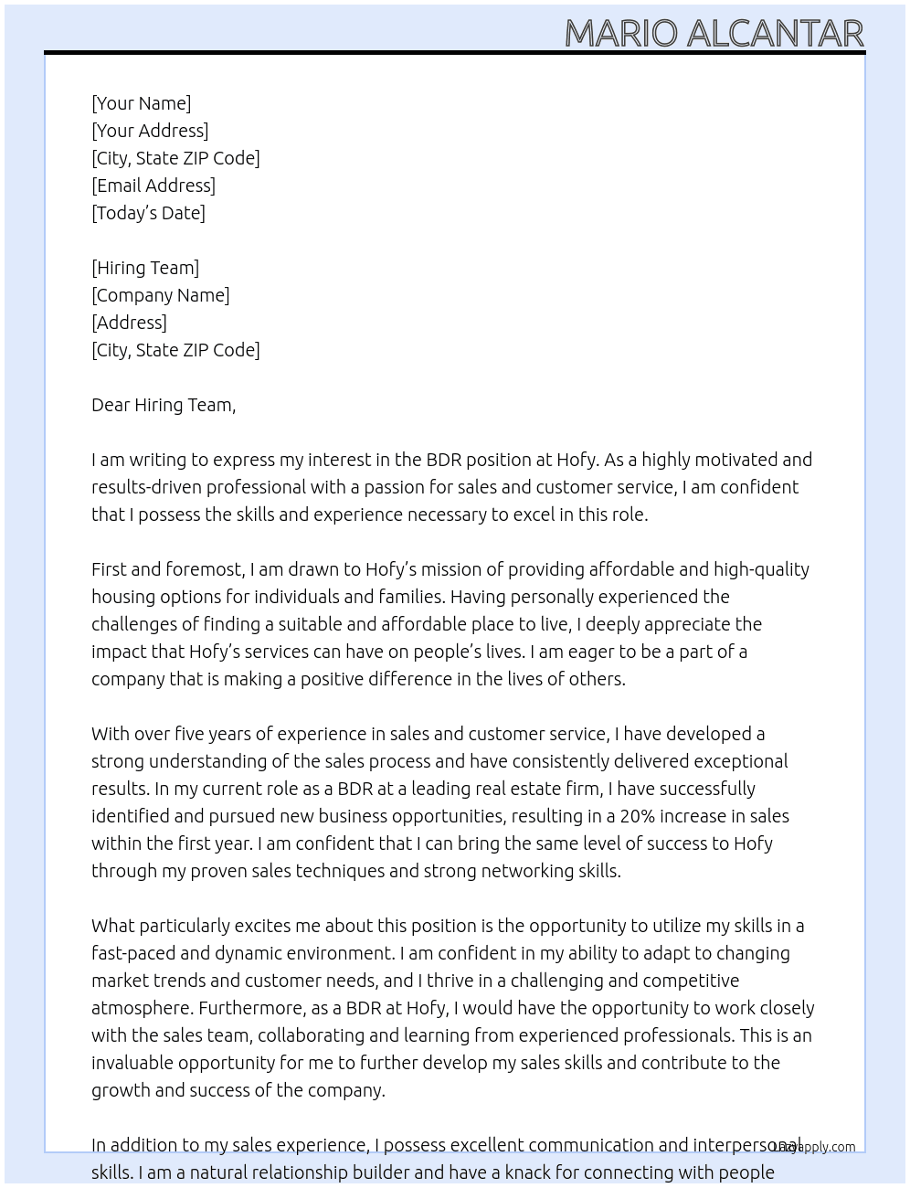 BDR At Hofy Cover Letter