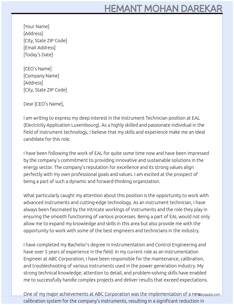 Instrument Technician At EAL (Electricity Application Luxembourg) Cover Letter