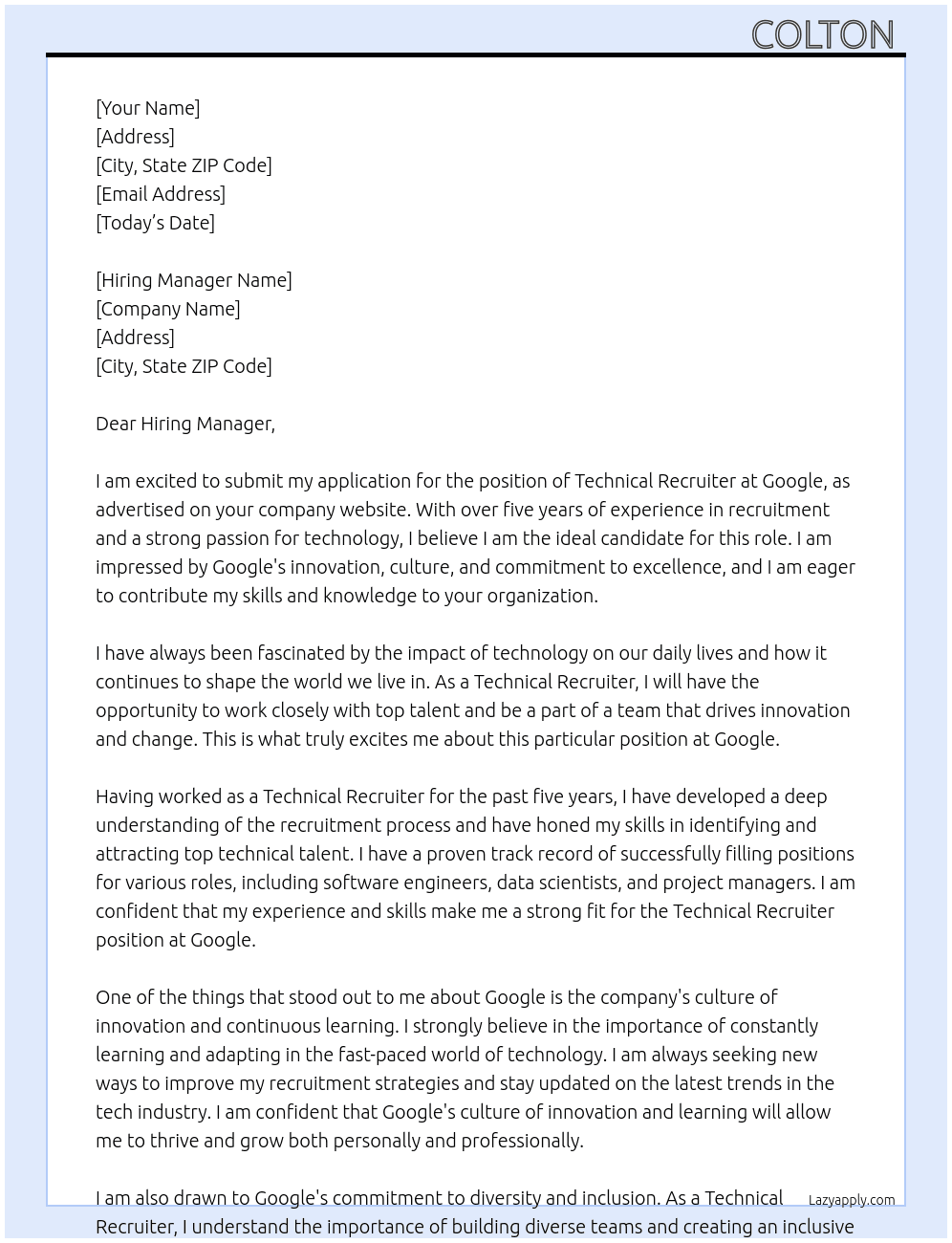 Technical Recruiter At Google Cover Letter