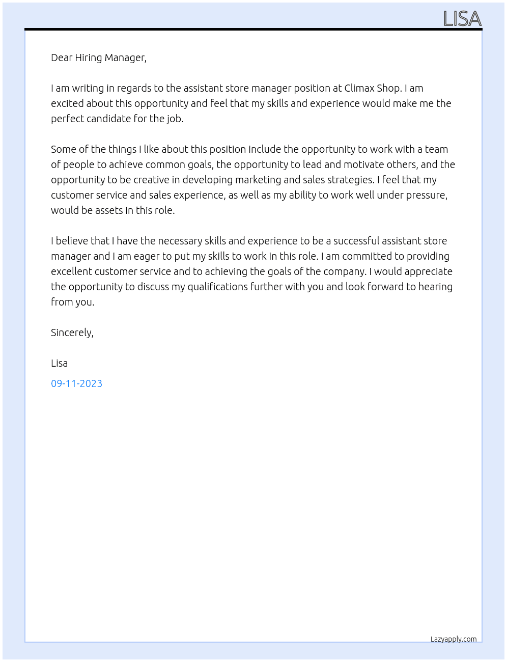 assistant store manager At climax shop Cover Letter