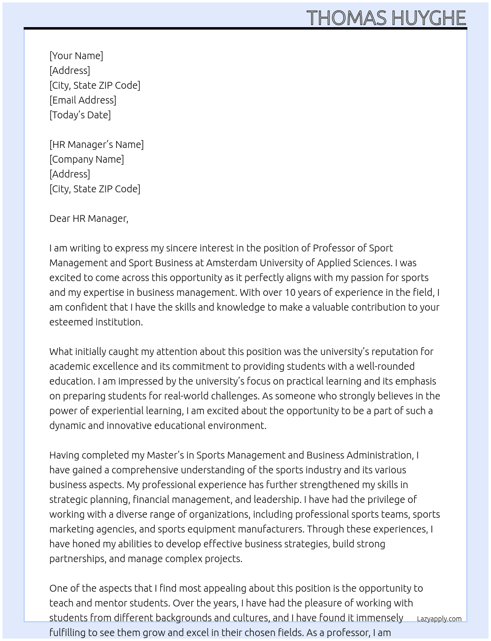 Professor of Sport Management and Sport Business At Amsterdam University of Applied Sciences Cover Letter