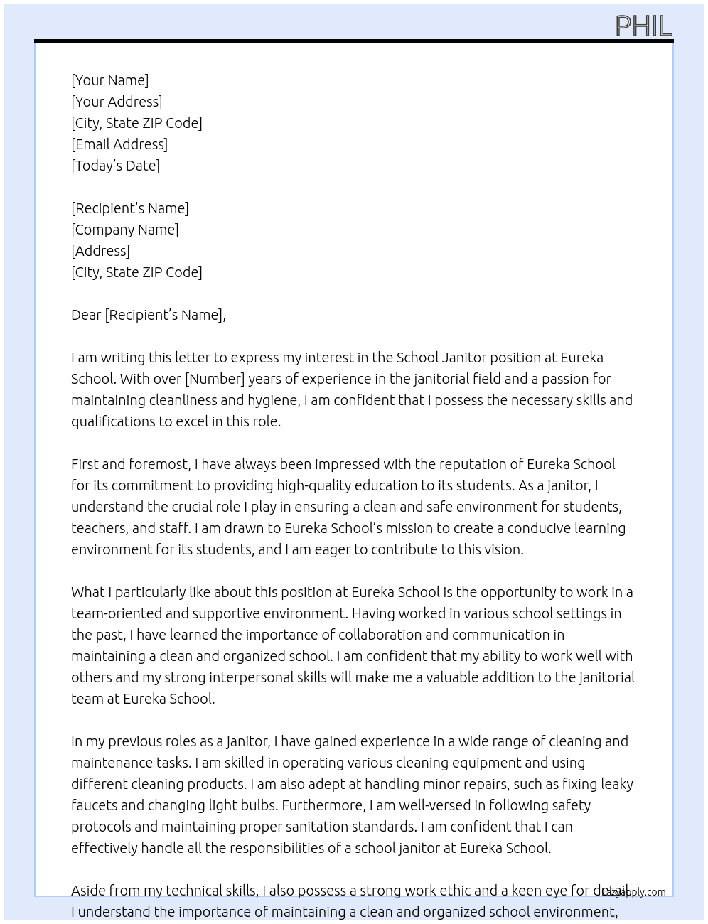School janitor At Eureka school Cover Letter