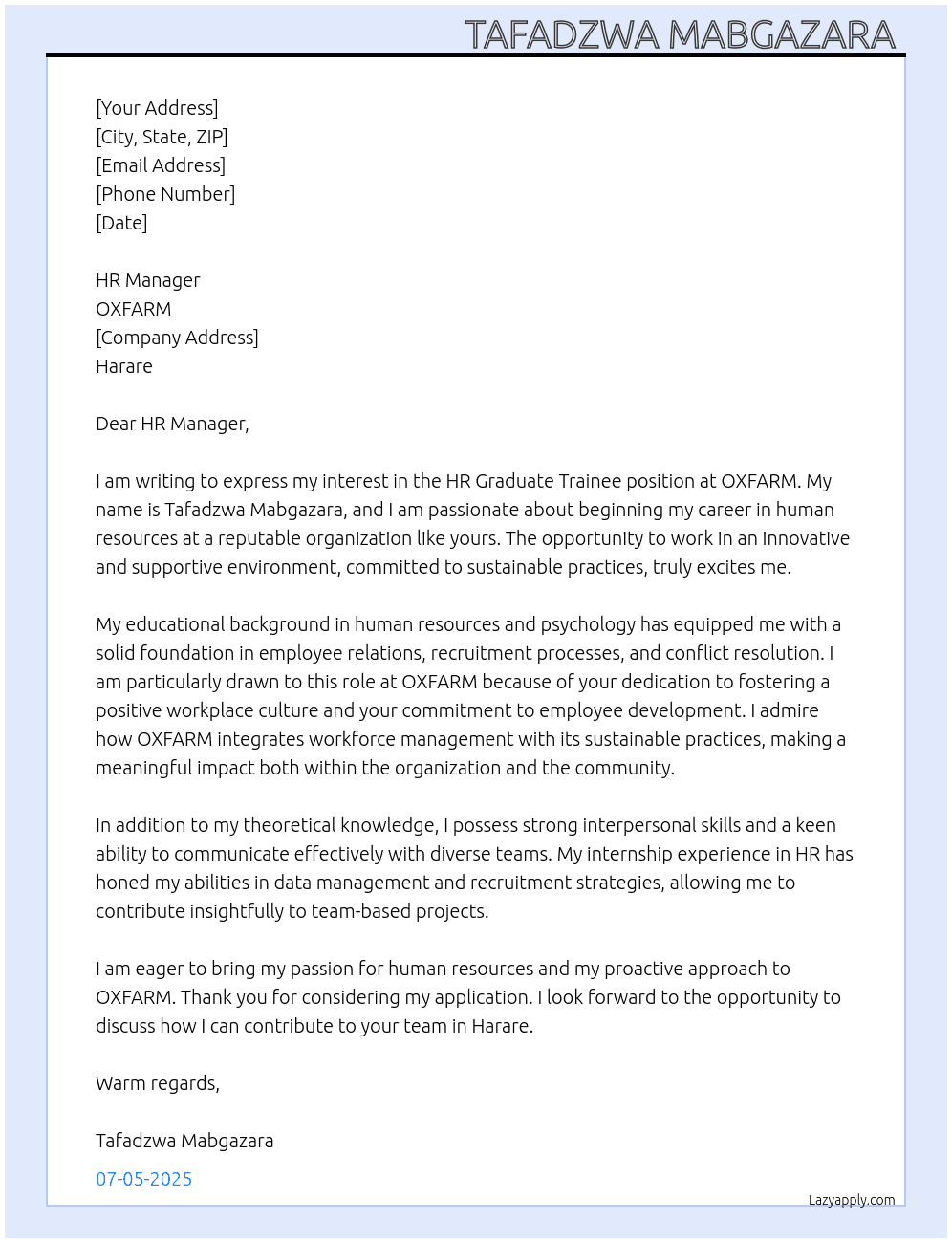 HR GRADUATE TRAINEE  At OXFARM Cover Letter