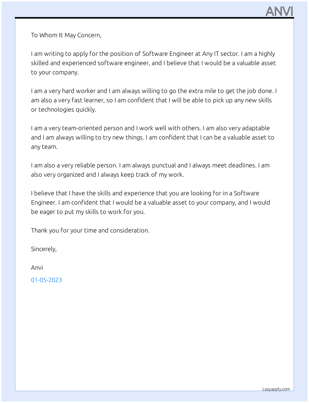 Software engineer  At Any IT sector  Cover Letter