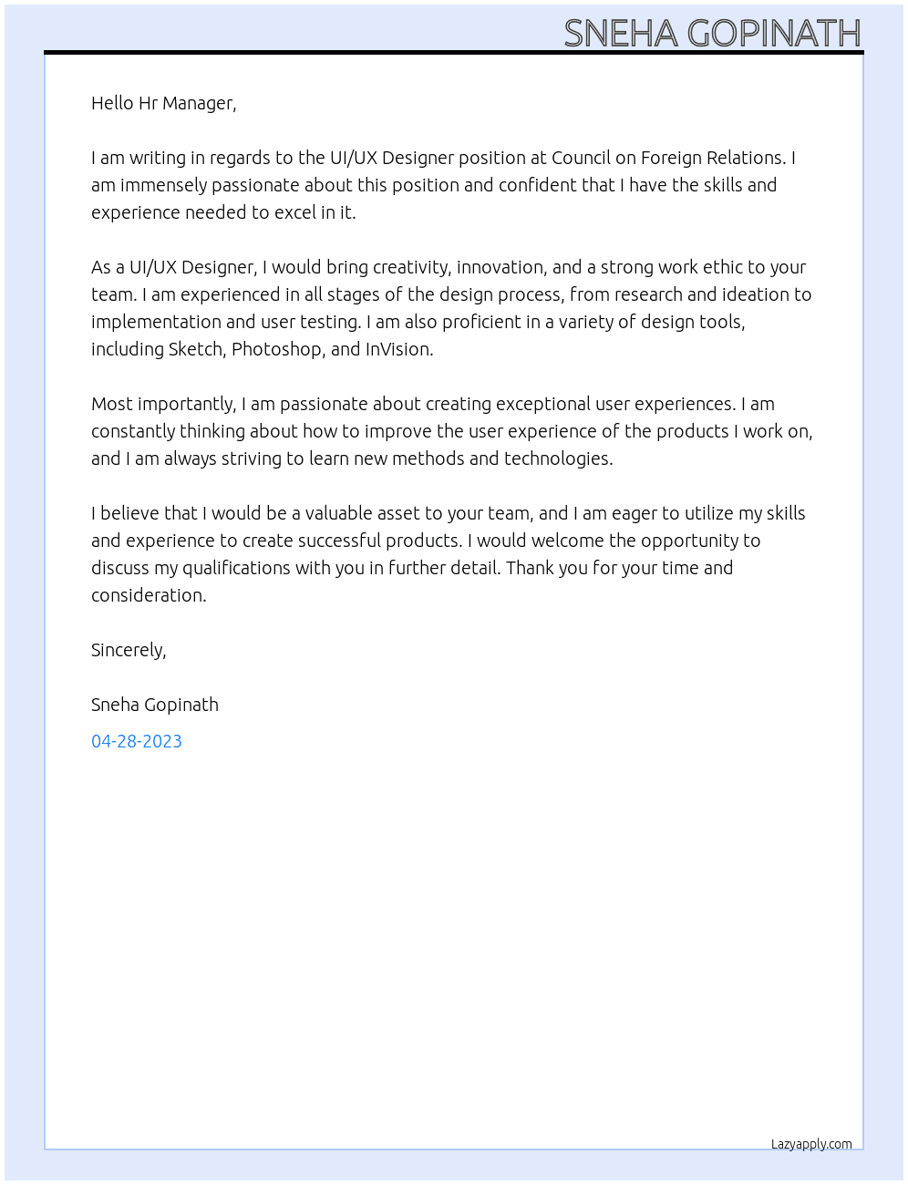 UI/UX Designer At Council on Foreign Relations Cover Letter