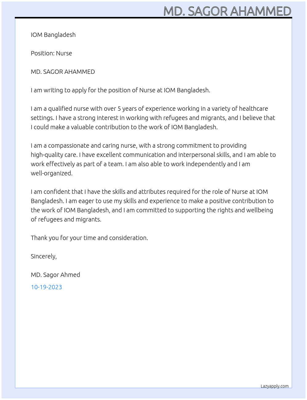 Nurse At IOM Bangladesh Cover Letter