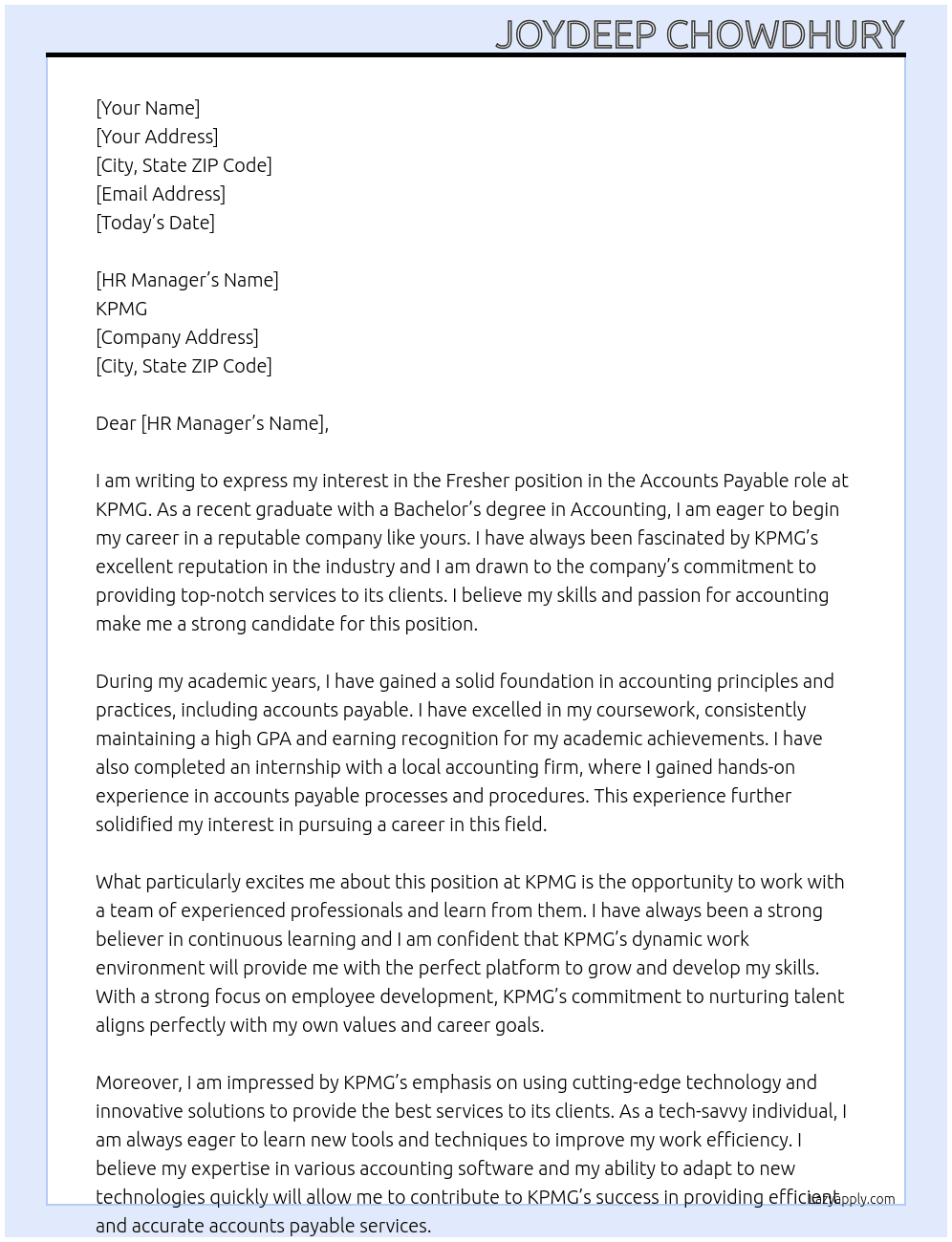 Fresher At KPMG Cover Letter