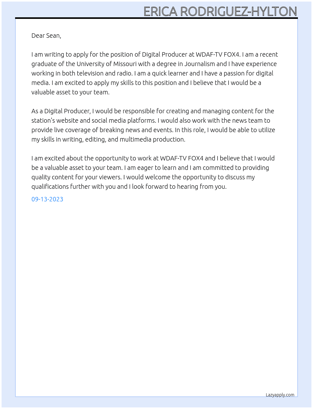Digital Producer At WDAF-TV FOX4 Cover Letter