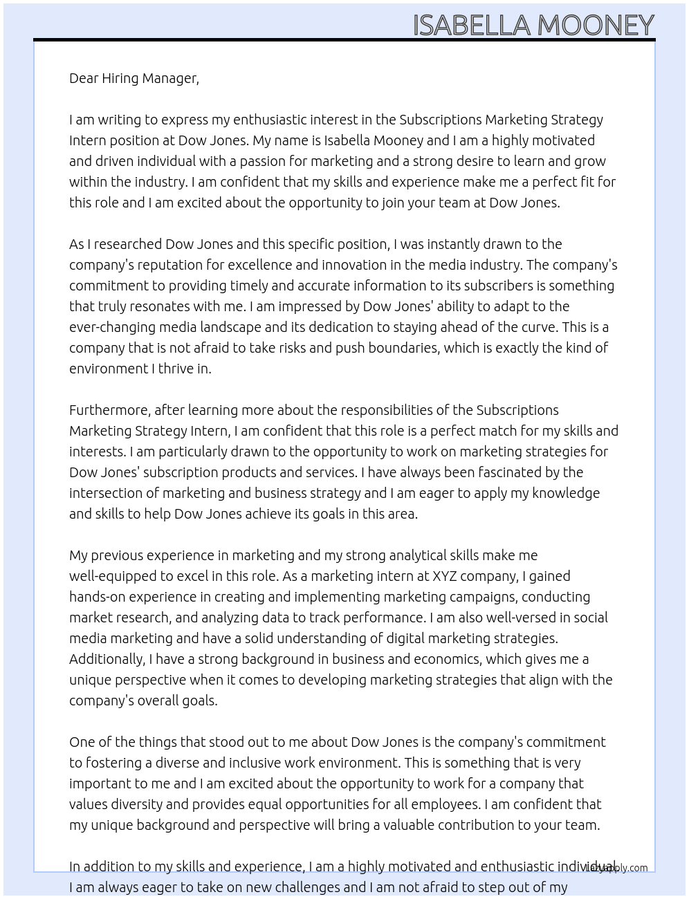 Subscriptions Marketing Strategy Intern At Dow Jones  Cover Letter