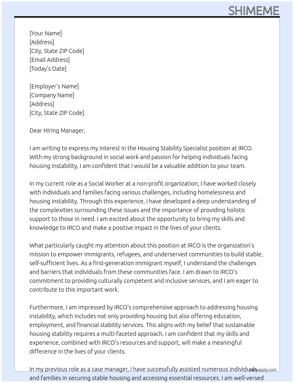 Housing stability specialist At IRCO Cover Letter