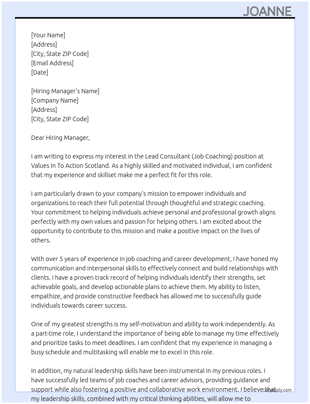 Lead Consultant (Job Coaching) At Values In To Action Scotland Cover Letter