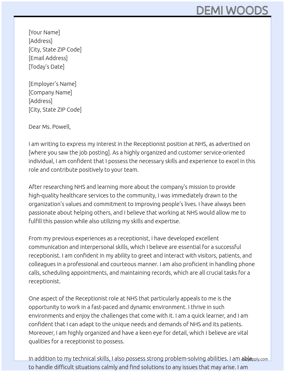 Cover letter for receptionist job - LazyApply