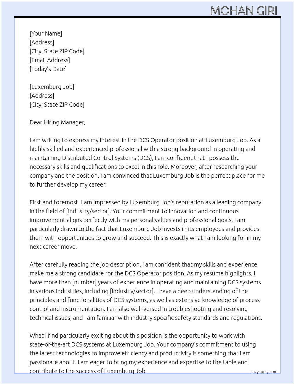 DCS operator At Luxemburg job Cover Letter