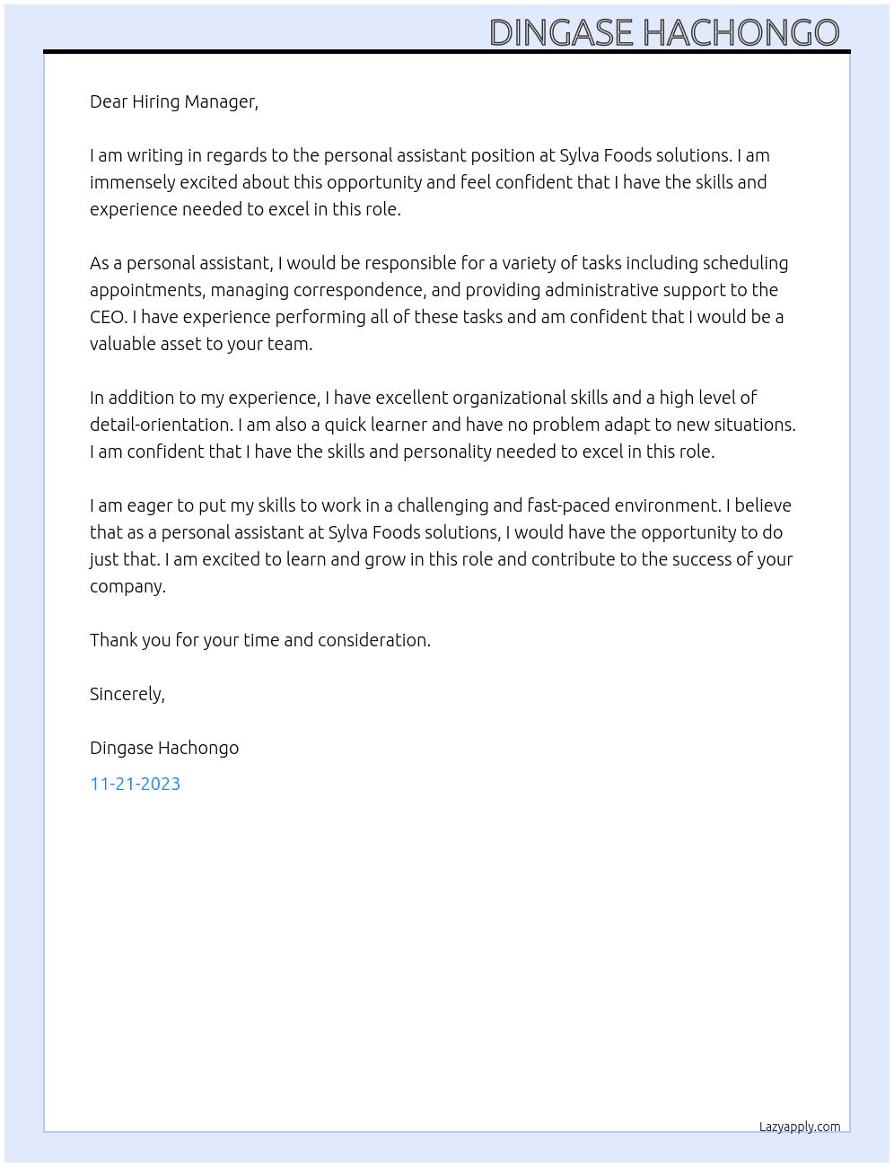 Personal assistant  At Sylva Foods solutions  Cover Letter