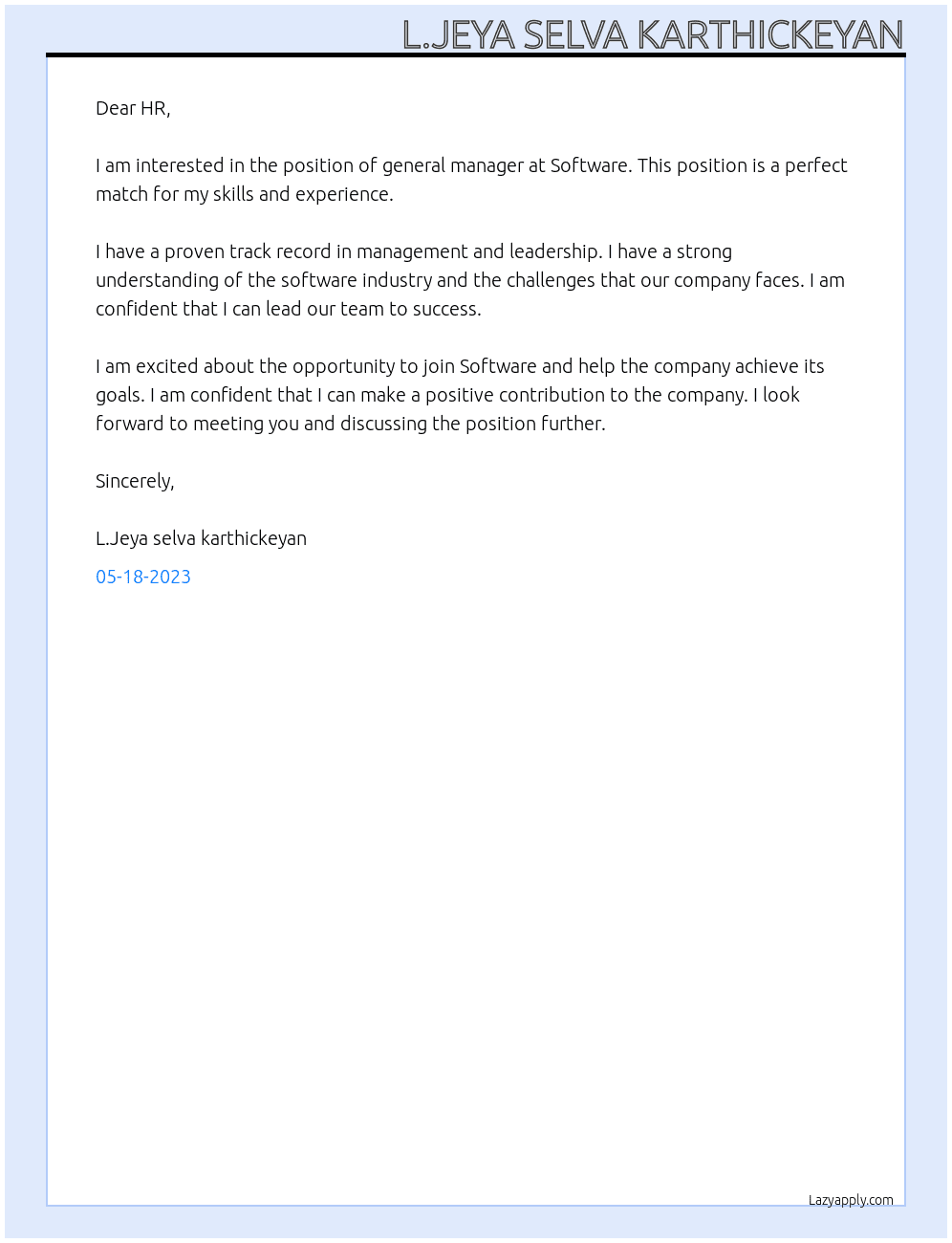general manager At Software Cover Letter
