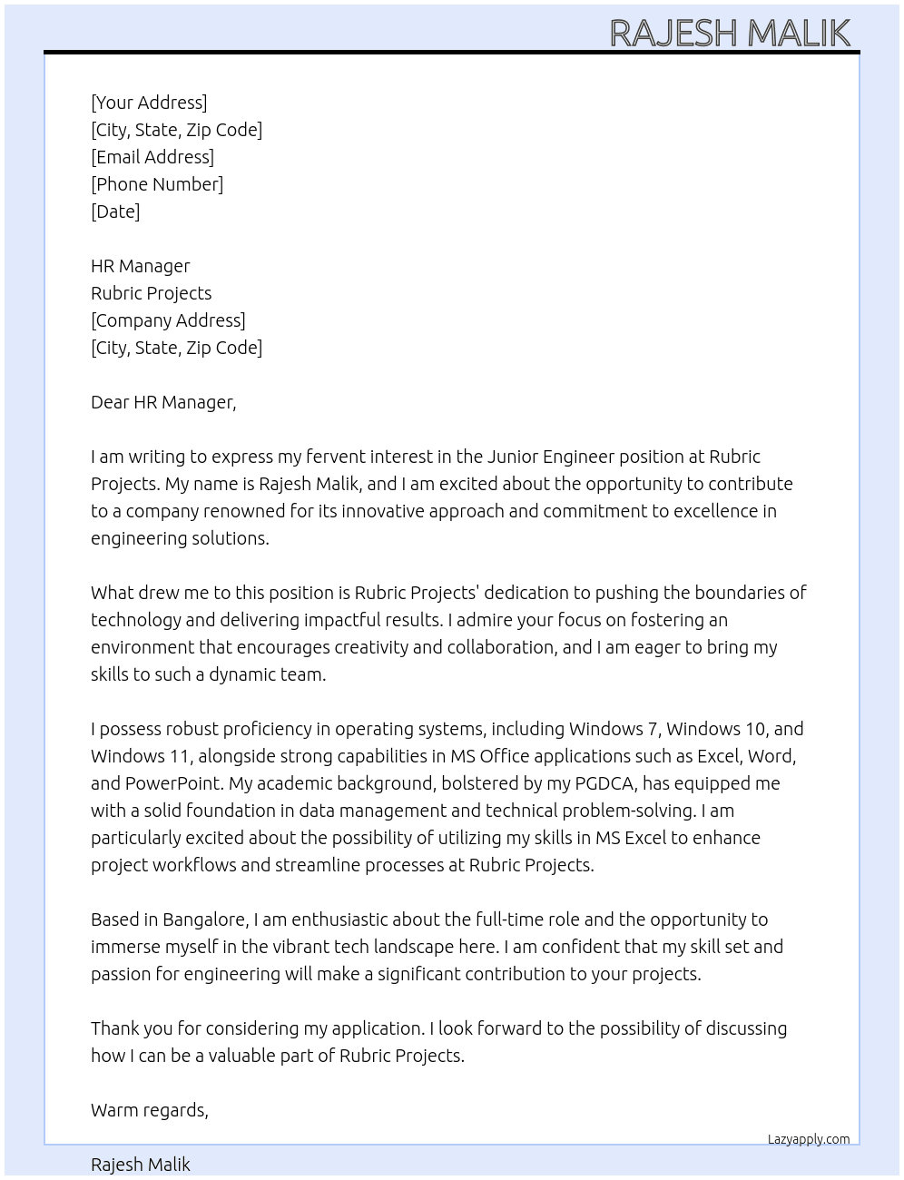 Junior engineer  At Rubric projects  Cover Letter