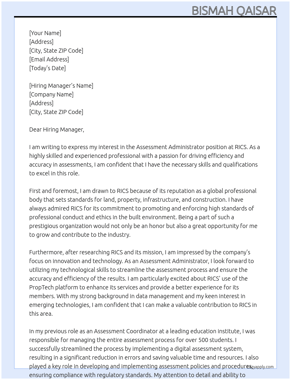 Assessment Administrator At RICS Cover Letter