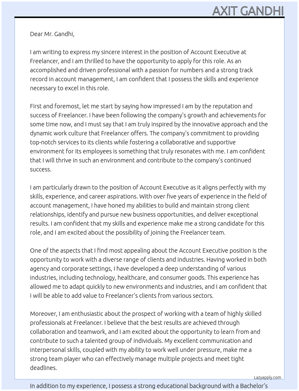 Account executive At freelancer Cover Letter
