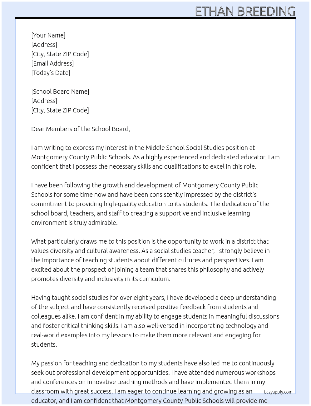 Middle School Social Studies At Montgomery County Public Schools Cover Letter