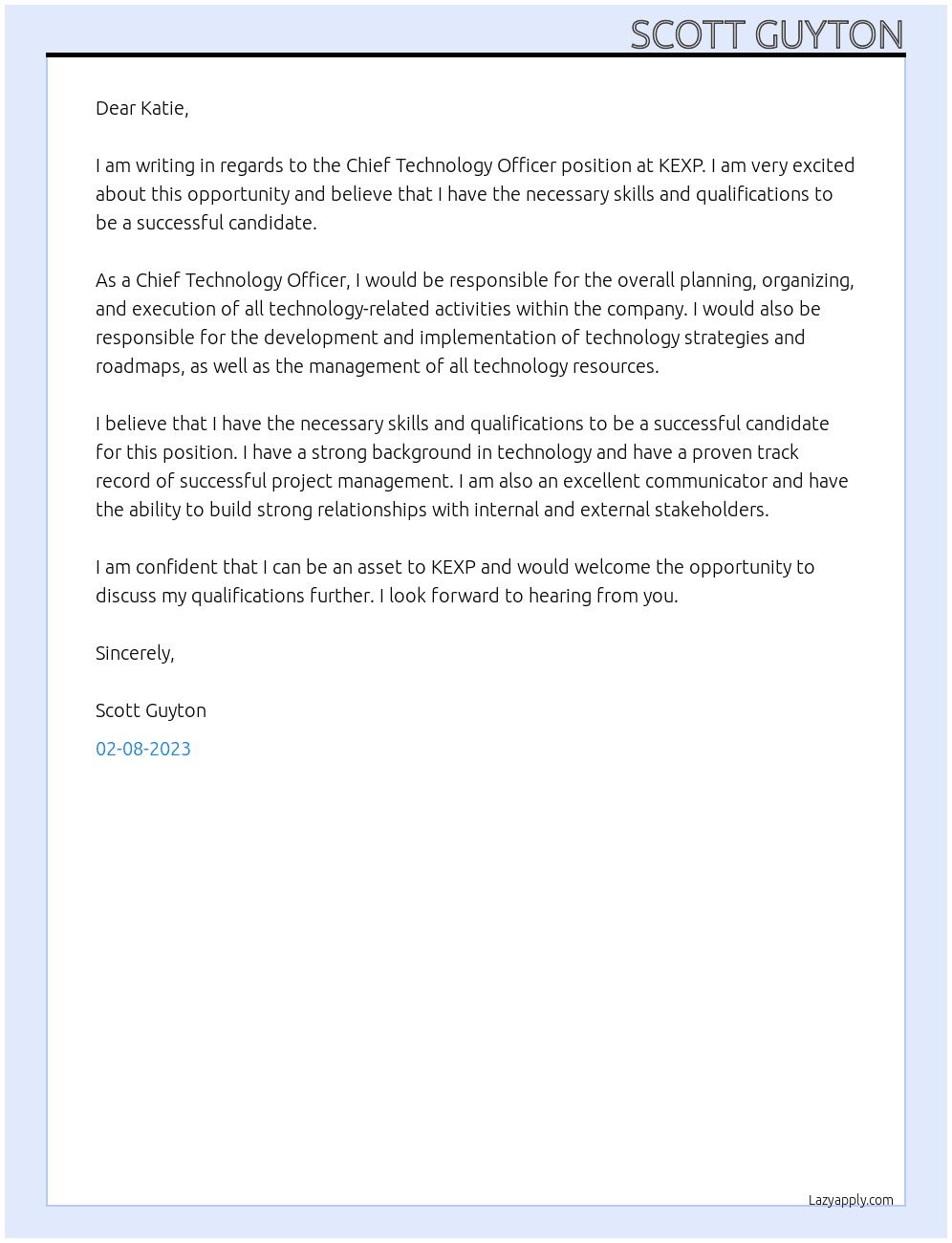 Chief Technology Officer At KEXP Cover Letter