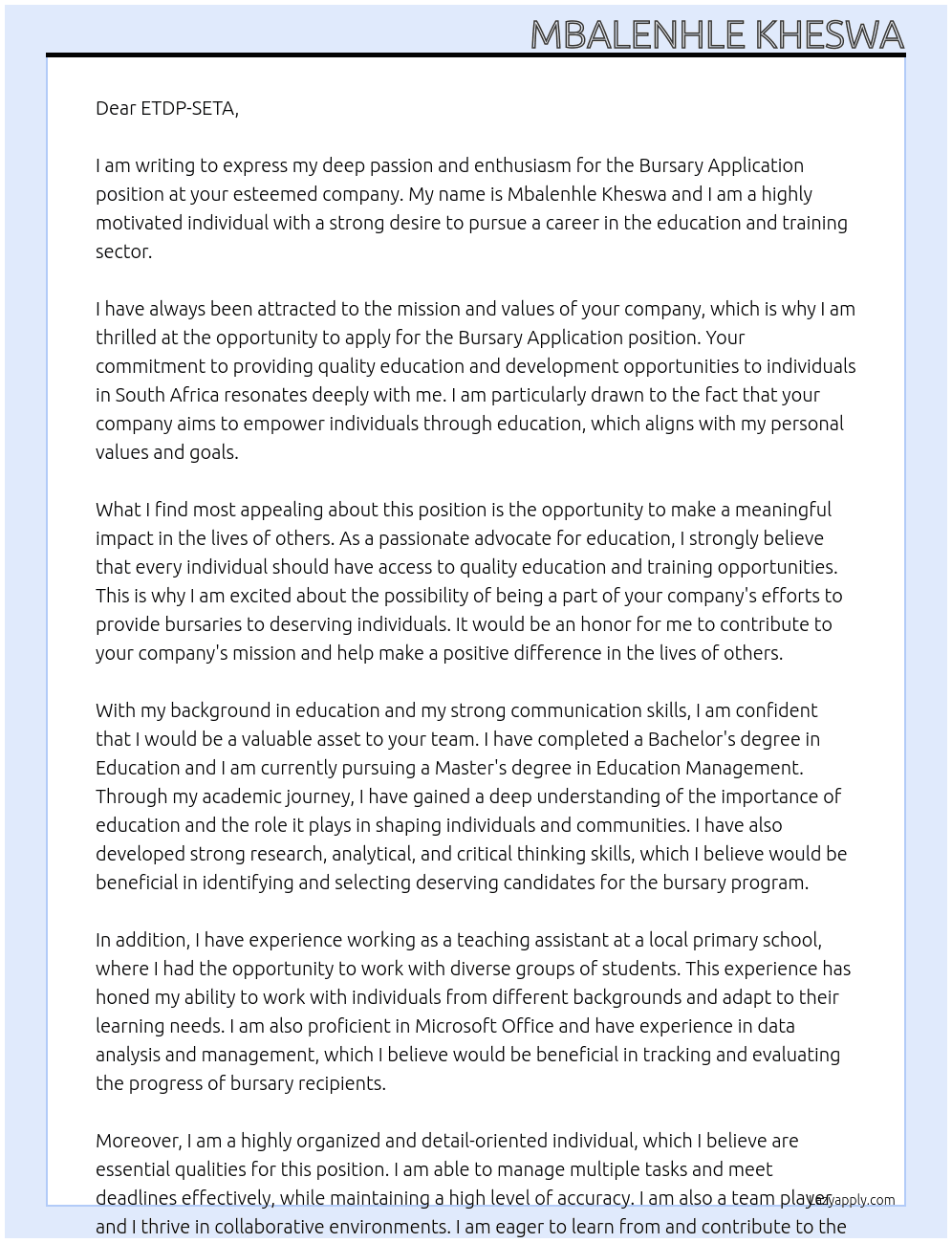 BURSARY APPLICATION At bursary  Cover Letter