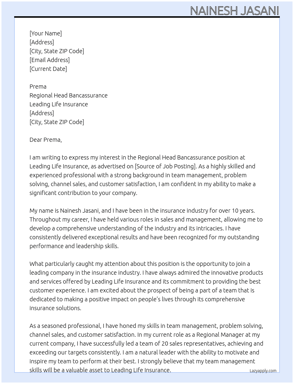 Regional Head Bancassurance At Leading Life Insurance Cover Letter