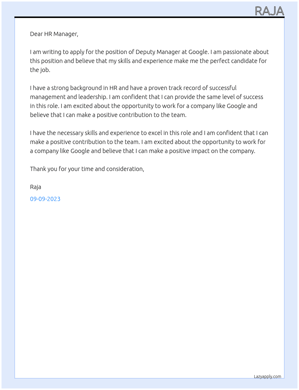 Deputy Manager At Google Cover Letter