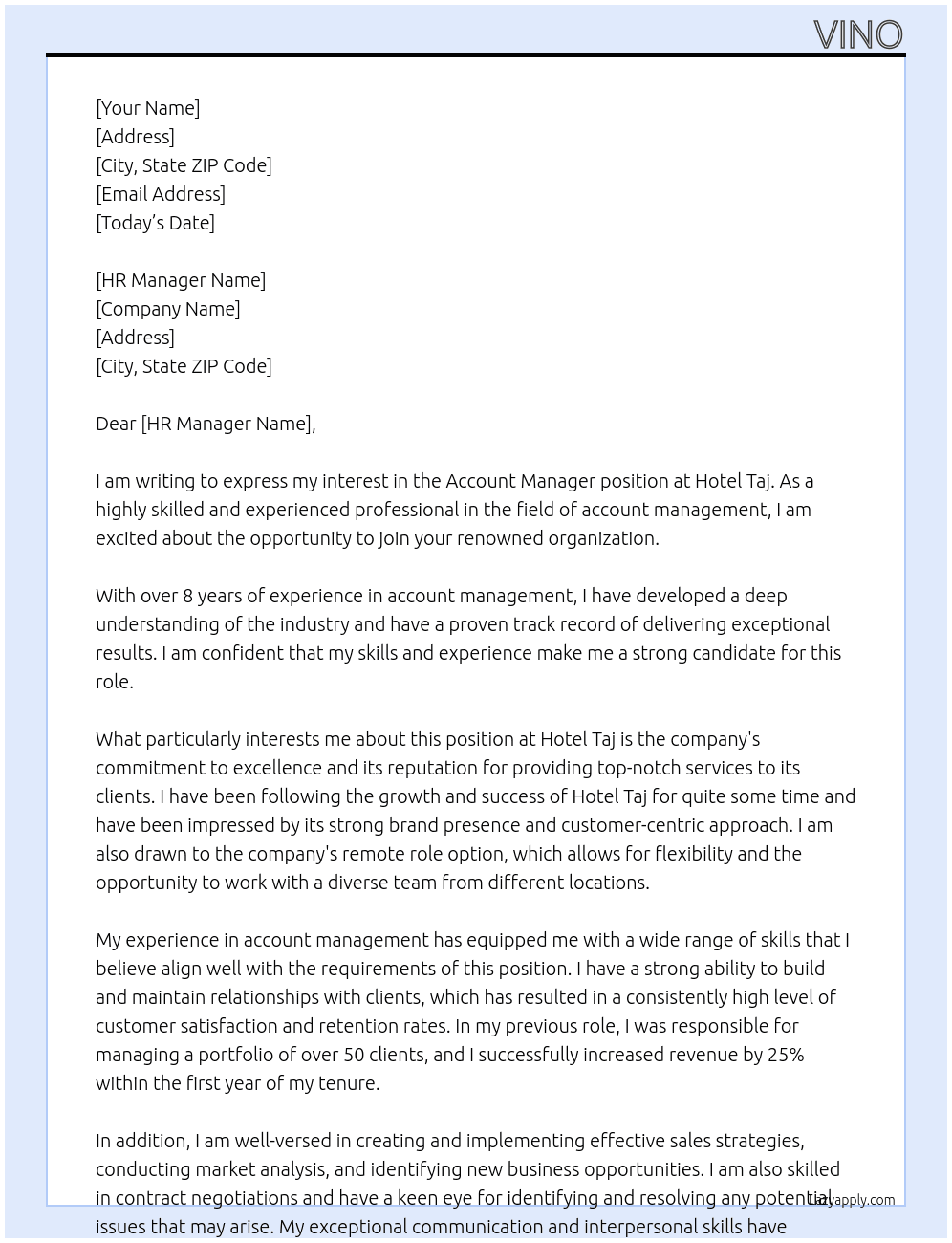 account manager  At hotel taj Cover Letter