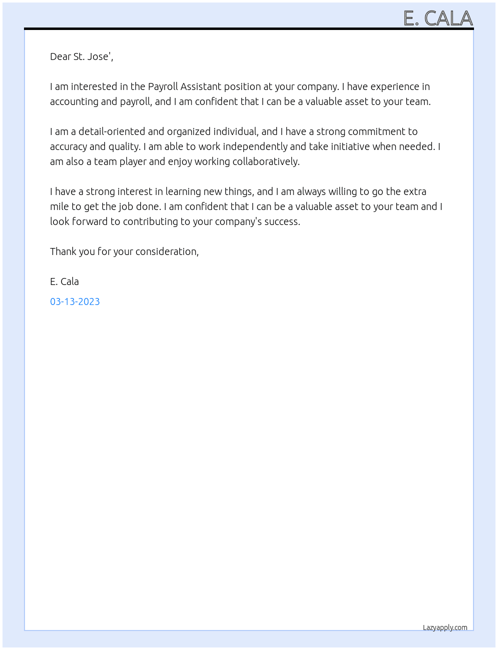 Payroll Assistant At St. Jose' Cover Letter