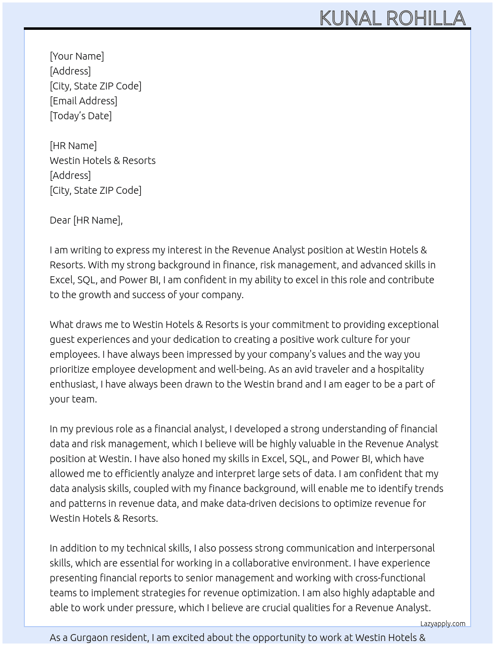  Revenue Analyst At Westin Hotels & Resorts Cover Letter