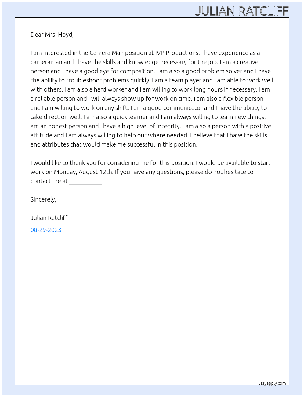 Camera Man At IVP Productions Cover Letter