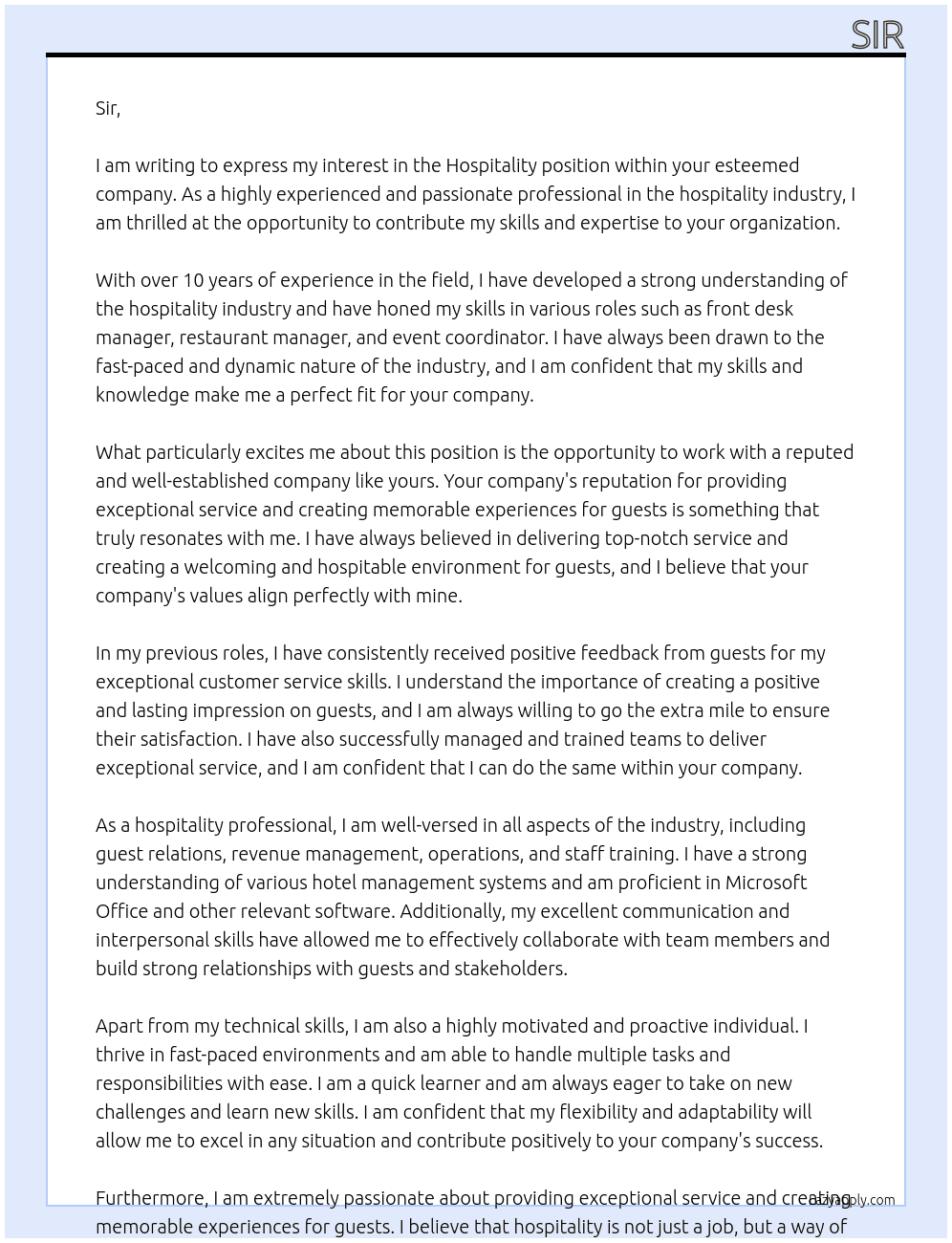 hospitality At N/A Cover Letter