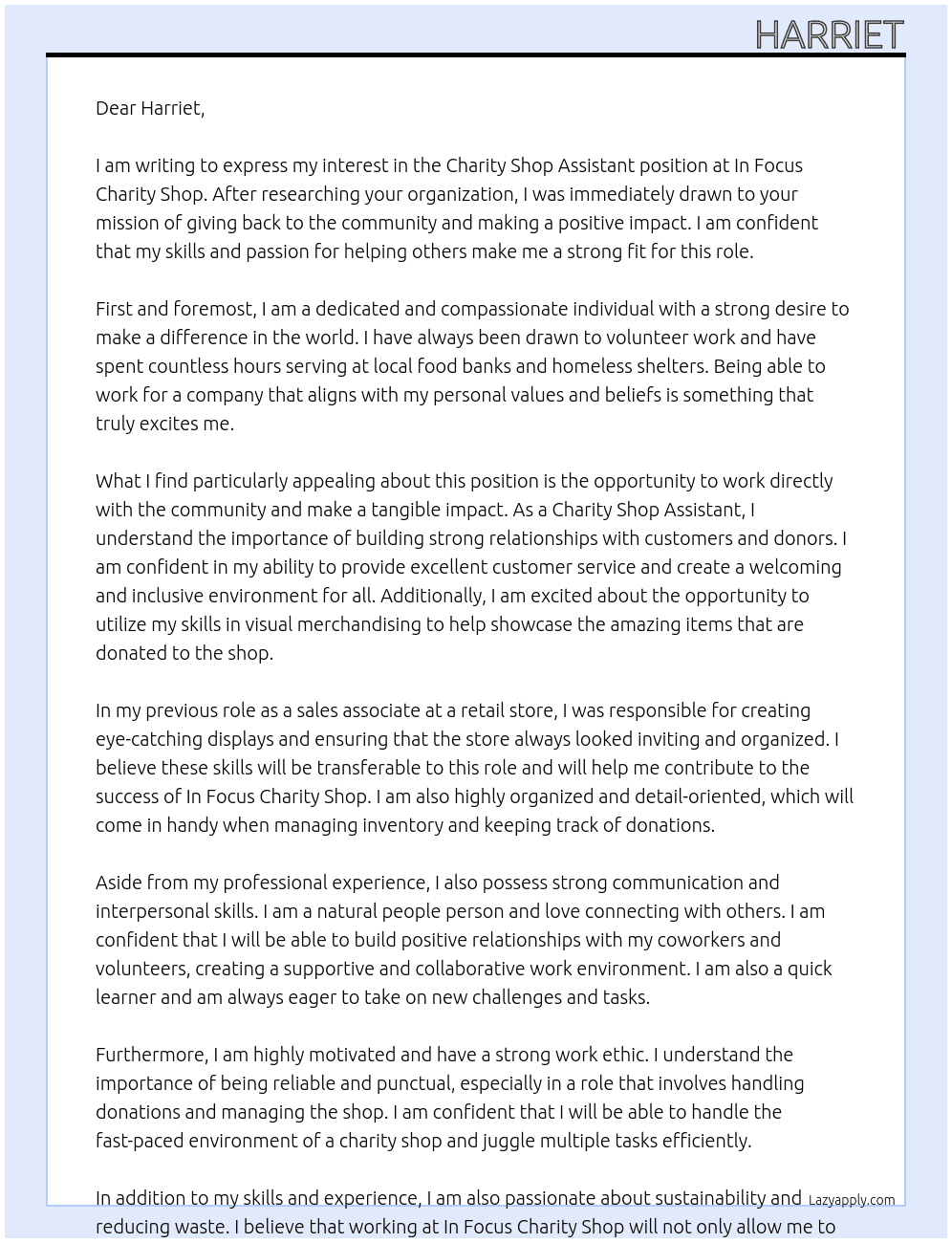 Charity shop assistant  At In focus charity shop Cover Letter
