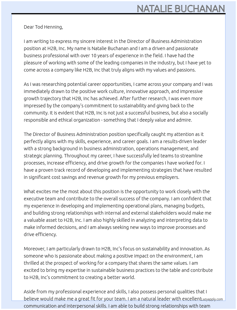 Director of business administration At H2B, Inc Cover Letter