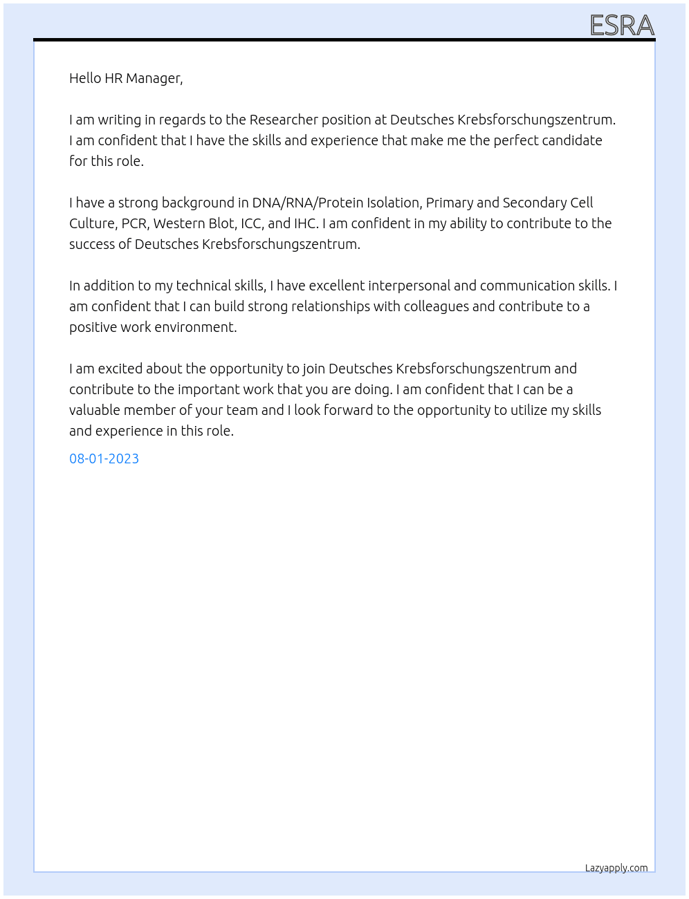 Researcher At Deutsches Krebsforschungszentrum Cover Letter
