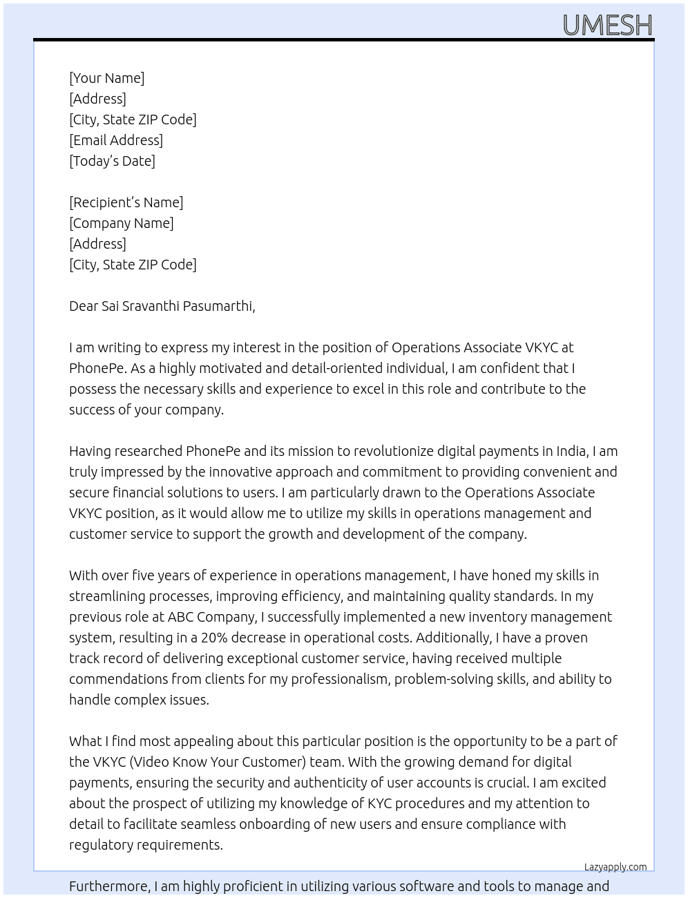 Operations Associate VKYC at PhonePe  At PhonePe  Cover Letter