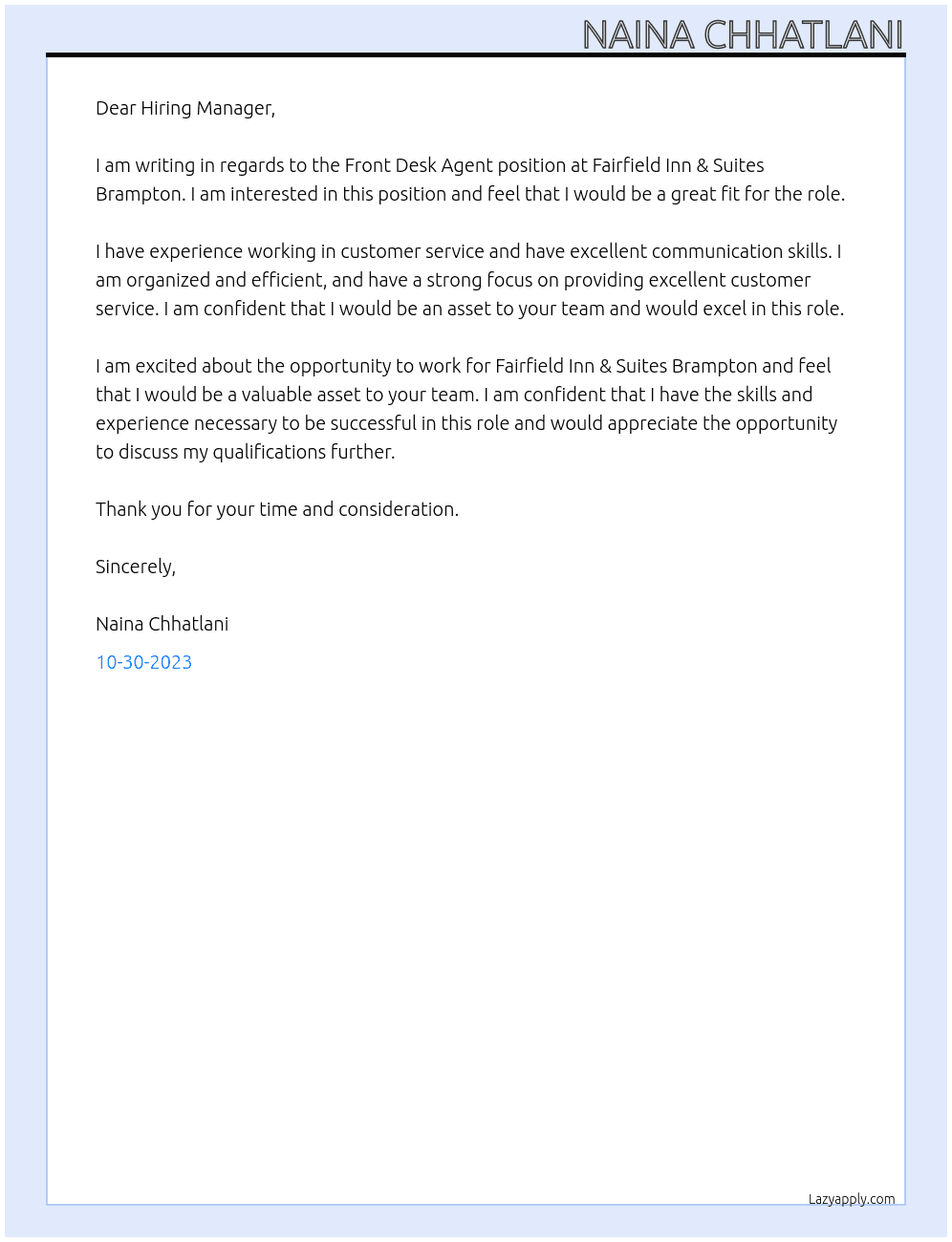 Front Desk Agent At Fairfield Inn & Suites Brampton Cover Letter