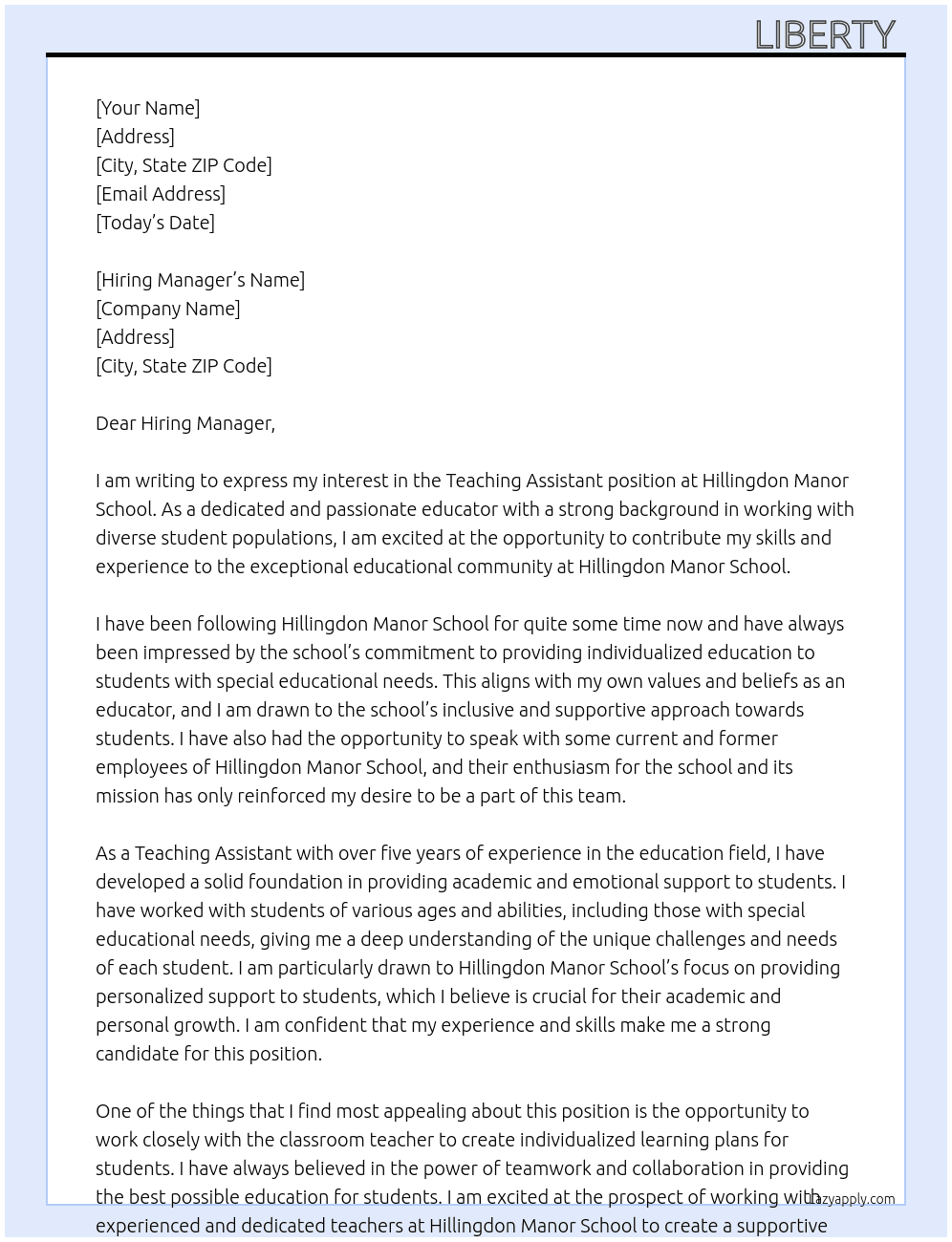 Teaching Assistant At Hillingdon Manor School Cover Letter