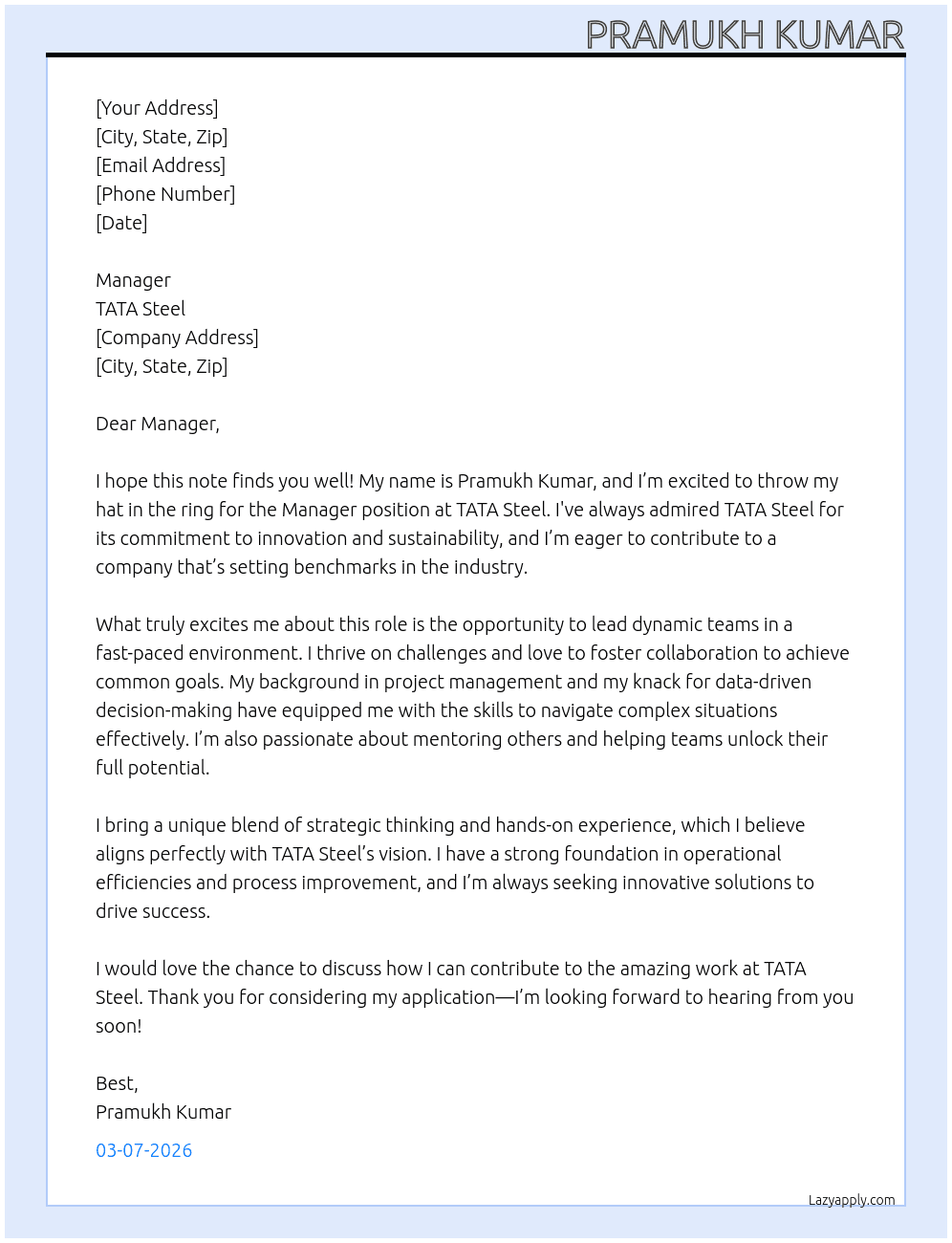 Manager  At TATA Steel Cover Letter
