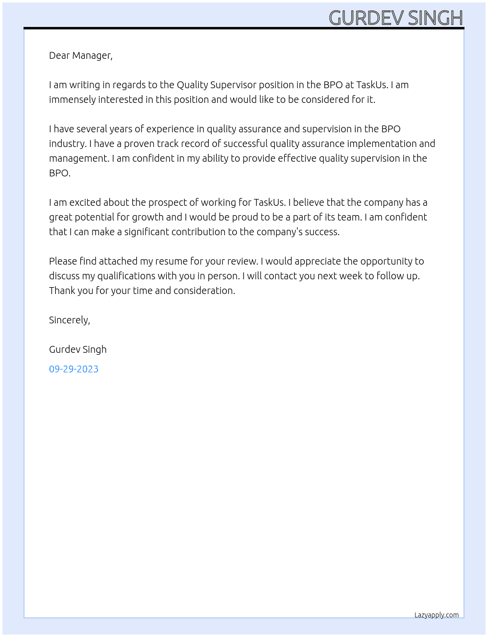 Quality Supervisor in BPO At TaskUs Cover Letter