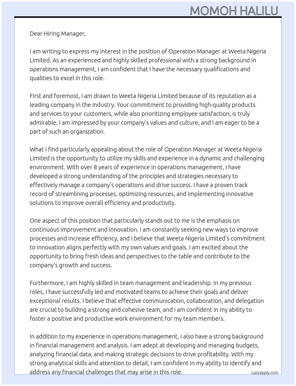 operation manager At weeta Nigeria limited Cover Letter