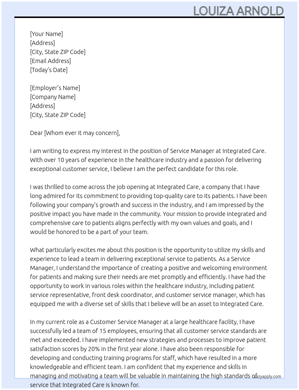 Service Manager At Integrated Care  Cover Letter